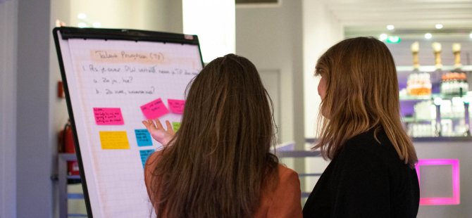 Dames staan bij whiteboard
