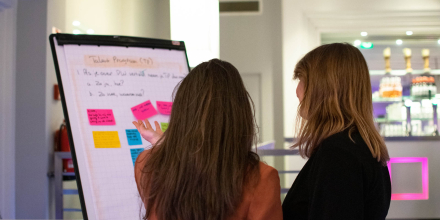 Dames staan bij whiteboard